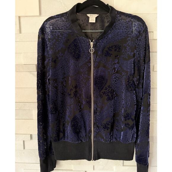 ARIAT Velvet Burnout Sparkle Semi Sheer Floral Zip Bomber Jacket Blue Black M - Picture 1 of 5